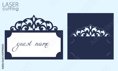 Laser cut wedding invitation place card with lace border. Wedding centerpieces table card, crown design name card holders. Template for cutting, vector.