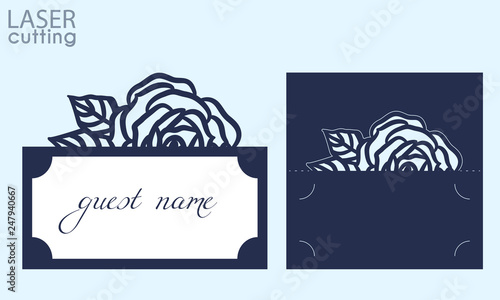 Laser cut wedding invitation place card with lace border. Wedding centerpieces table card, pattern of roses name card holders. Template for cutting, vector.