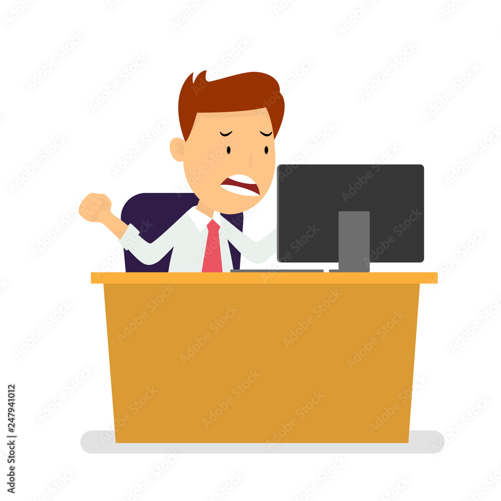 Angry Businessman at workplace watching laptop, Flat style Vector Illustration Angry Businessman at workplace watching laptop, Flat style Vector Illustration