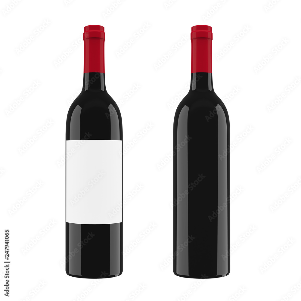 Black glass bottle for red wine isolated on white background. 3d rendering, 3d illustration