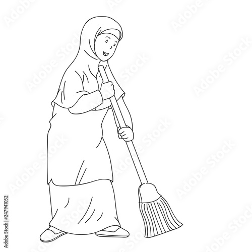 Muslim woman sweeping clean home hand drawn illustration
