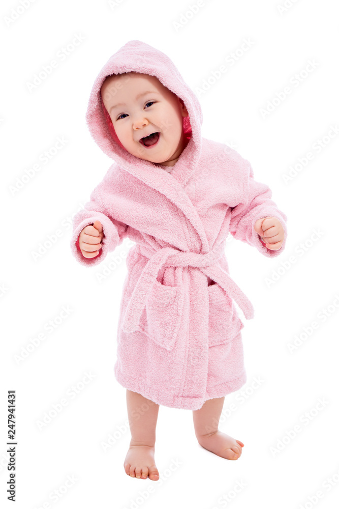 full length portrait of cute baby girl in pink bathrobe after bath isolated on white full length portrait of cute baby girl in pink bathrobe after bath isolated on white