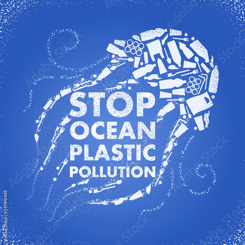 Stop ocean plastic pollution. Ecological poster Jellyfish composed of white plastic waste bag, bottle on blue background. Plastic problem