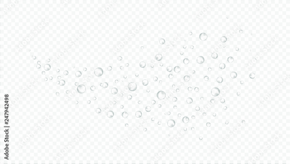 Spray of bubbles of water or air on transparent background. 3d vector