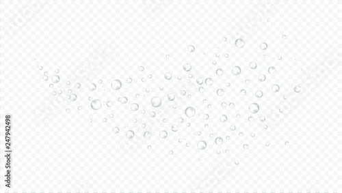 Spray of bubbles of water or air on transparent background. 3d vector realistic. underwater air, rain, effervescent drink, champagne, oxygen, gas bubbles, foam or water.