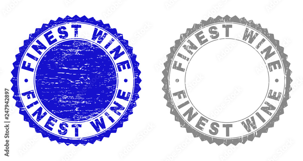Obraz premium Grunge FINEST WINE stamp seals isolated on a white background. Rosette seals with distress texture in blue and grey colors. Vector rubber stamp imprint of FINEST WINE label inside round rosette.
