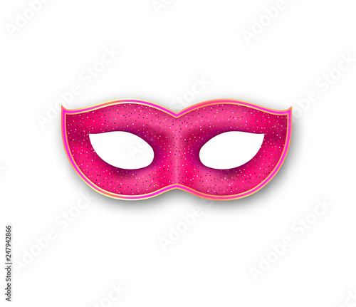 Mardi Gras mask pink color with gold glittering effect. Authentic Venetian painted Carnival Face Mask. Masquerade realistic party decoration on white background. © Juls Dumanska