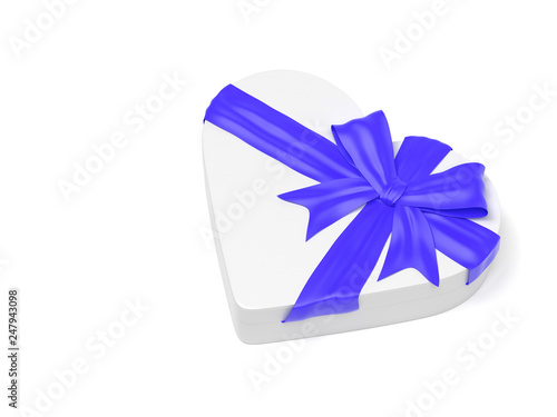 Gift box in heart shape. Closed container decorated with blue ribbon bow. 3d rendering illustration