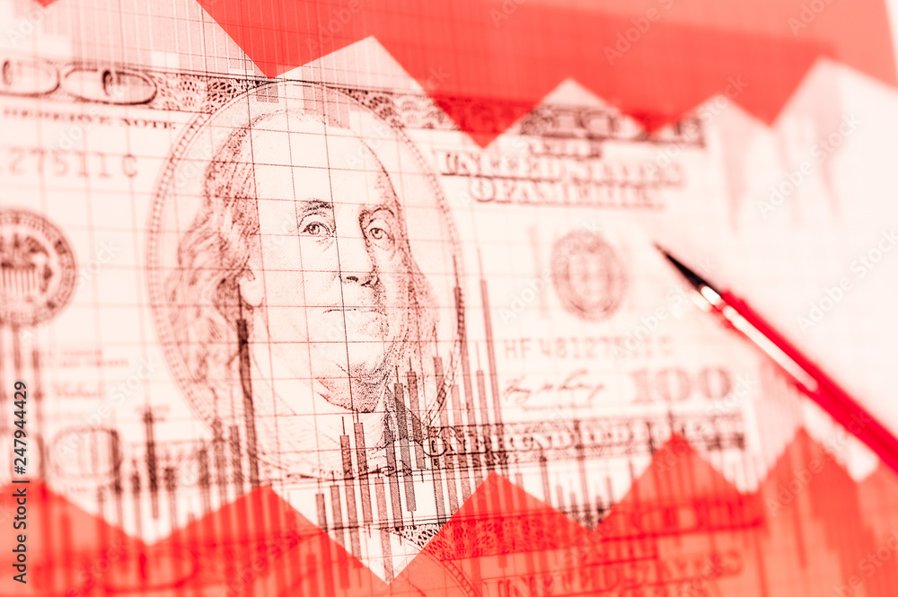 Finance background with money, stock market chart, graph and pen. Living coral toned. Finance background with money, stock market chart, graph and pen. Living coral toned.