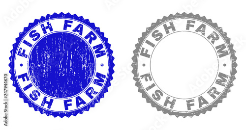 Grunge FISH FARM stamp seals isolated on a white background. Rosette seals with grunge texture in blue and gray colors. Vector rubber stamp imprint of FISH FARM text inside round rosette.