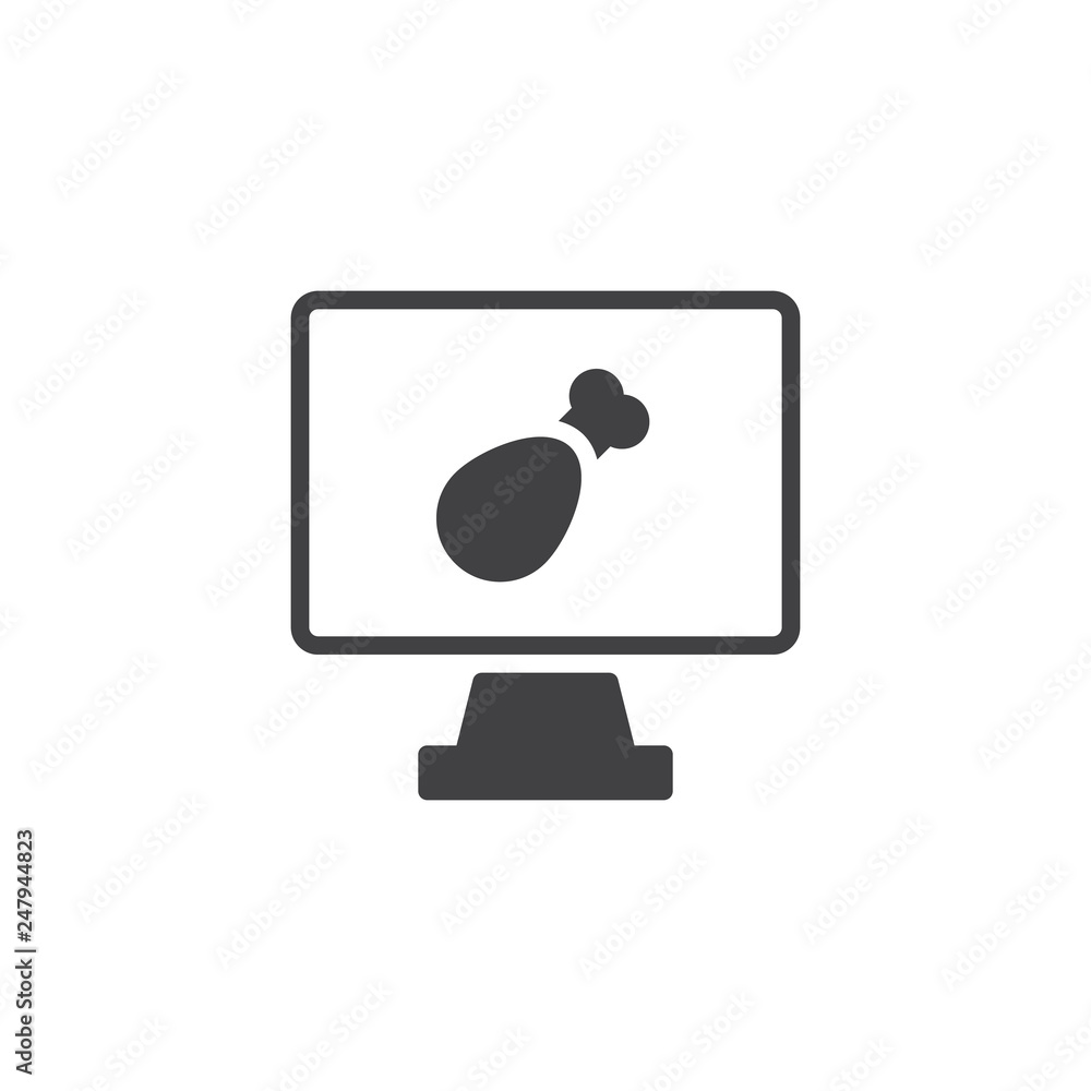 Fast food ordering screen vector icon. filled flat sign for mobile concept and web design. Computer monitor with chicken leg simple solid icon. Symbol, logo illustration. Pixel perfect Fast food ordering screen vector icon. filled flat sign for mobile concept and web design. Computer monitor with chicken leg simple solid icon. Symbol, logo illustration. Pixel perfect
