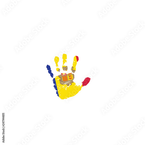 Andora flag and hand on white background. Vector illustration