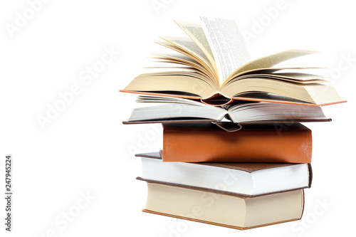 Books in a stack on white background.