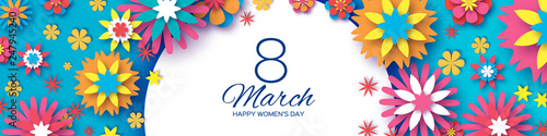 ColorfulPaper Cut Flower Banner. 8 March. Womens Day Greetings card. Origami Floral bouquet. Circle frame. Text. Spring Seasonal Holidays on blue. Happy Mothers Day.