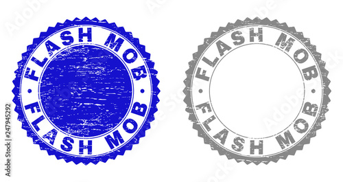 Grunge FLASH MOB stamp seals isolated on a white background. Rosette seals with grunge texture in blue and grey colors. Vector rubber stamp imprint of FLASH MOB text inside round rosette.