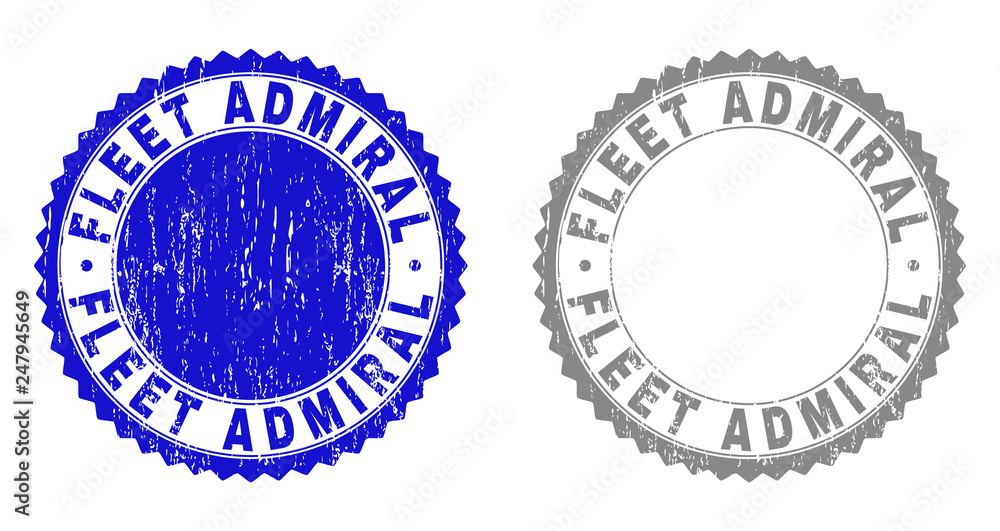 Obraz premium Grunge FLEET ADMIRAL stamp seals isolated on a white background. Rosette seals with grunge texture in blue and gray colors. Vector rubber stamp imprint of FLEET ADMIRAL title inside round rosette.