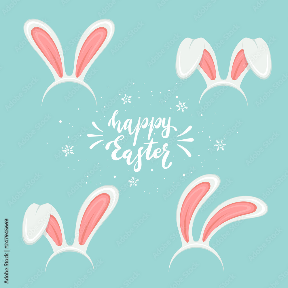 Lettering Happy Easter on Blue Background and Rabbit Ears Lettering Happy Easter on Blue Background and Rabbit Ears