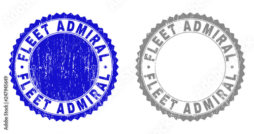 Grunge FLEET ADMIRAL stamp seals isolated on a white background. Rosette seals with grunge texture in blue and gray colors. Vector rubber stamp imprint of FLEET ADMIRAL title inside round rosette.