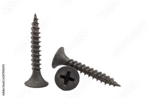 Metal self-tapping or screw close-up on white background. photo