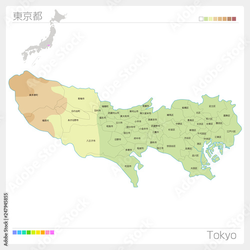 東京都の地図（等高線・色分け・市町村・区分け）