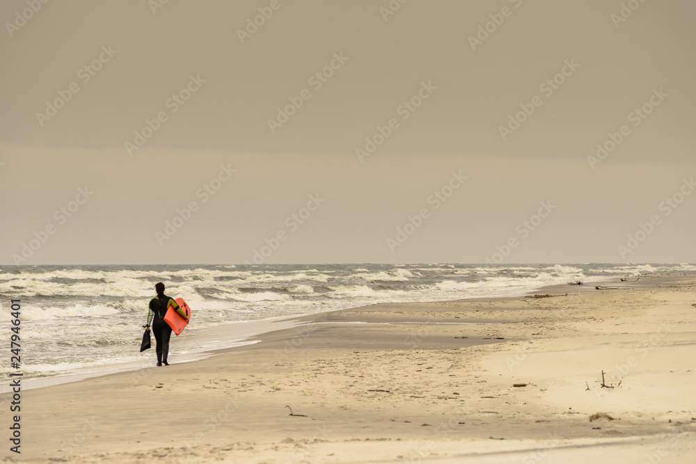 Surfer walking on beach