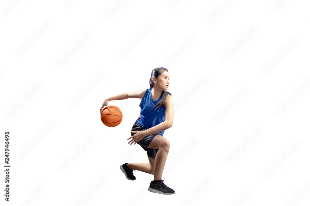 Portrait of asian girl in blue sport uniform on basketball pivot moves Portrait of asian girl in blue sport uniform on basketball pivot moves