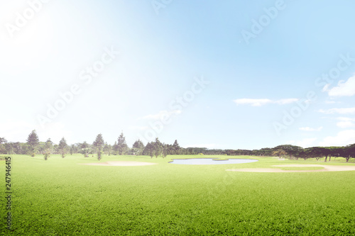 Fototapeta Naklejka Na Ścianę i Meble -  Beautiful golf course with sand bunkers and trees