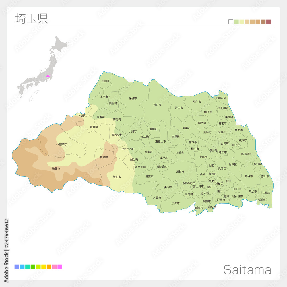 埼玉県の地図 等高線 色分け 市町村 区分け Stock ベクター Adobe Stock