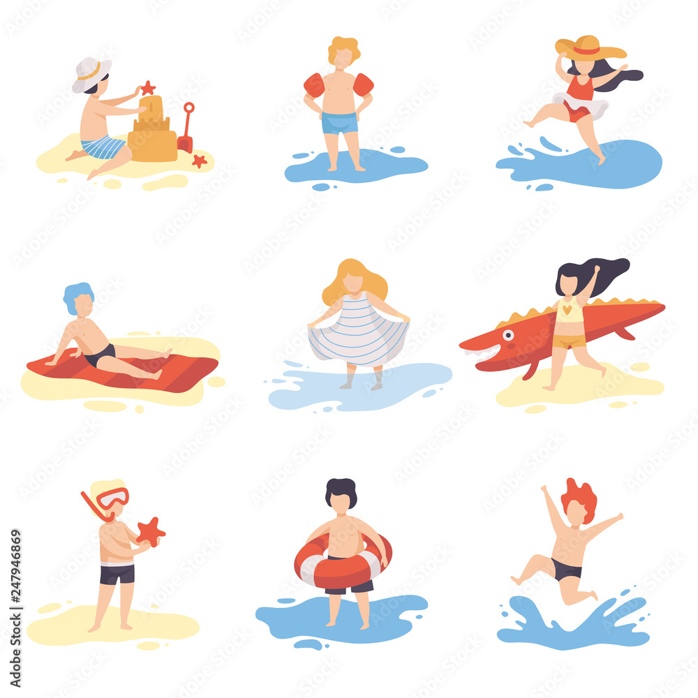 Collection of Cute Kids in Bathing Suits Playing and Having Fun on Beach on Summer Holidays Vector Illustration Collection of Cute Kids in Bathing Suits Playing and Having Fun on Beach on Summer Holidays Vector Illustration