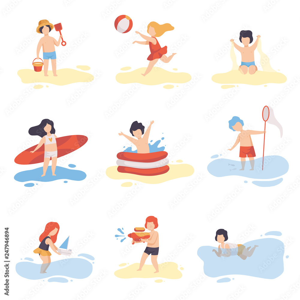 Collection of Cute Boys and Girls in Bathing Suits Playing and Having Fun on Beach on Summer Holidays Vector Illustration Collection of Cute Boys and Girls in Bathing Suits Playing and Having Fun on Beach on Summer Holidays Vector Illustration