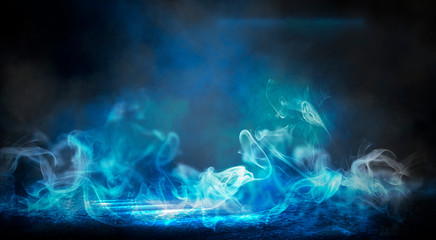 The background of an empty room with brick walls and concrete floor tiles. Neon light, spotlight, smoke