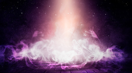 The background of an empty room with brick walls and concrete floor tiles. Neon light, spotlight, smoke