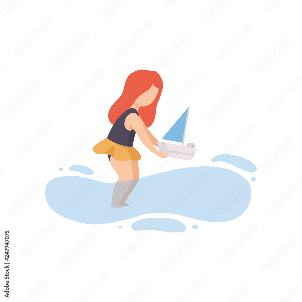 Obraz premium Cute Girl in Swimsuit Playing with Toy Boat on Beach on Summer Holidays Vector Illustration
