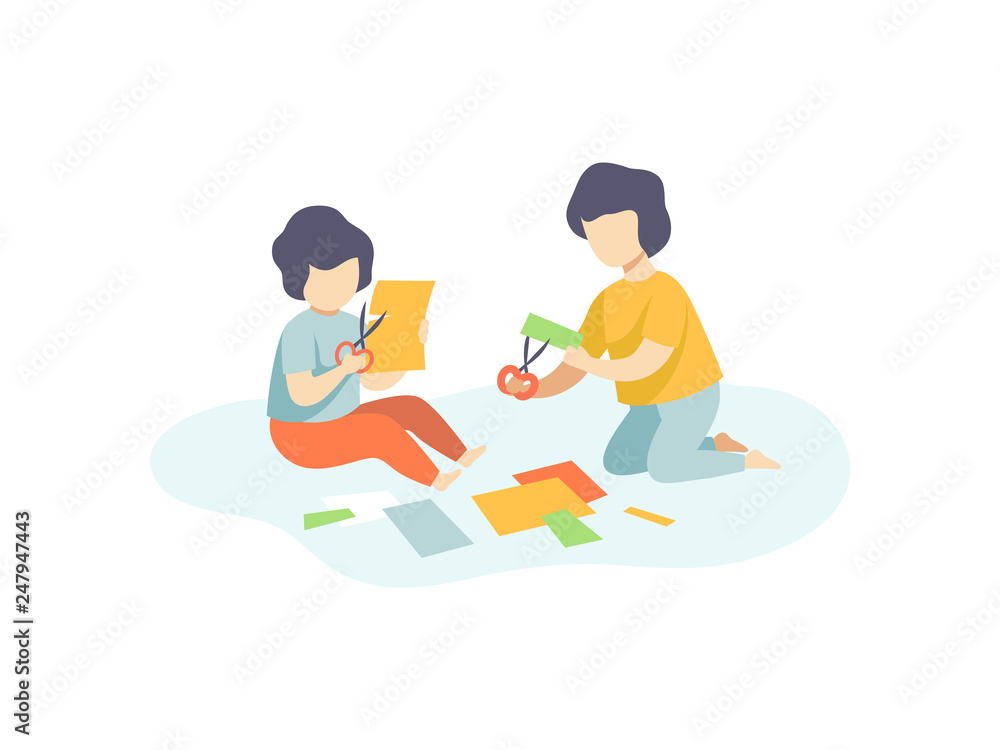 Two Cute Boys Sitting on Floor and Cutting Application Details, Kids Creativity, Education, Development Vector Illustration