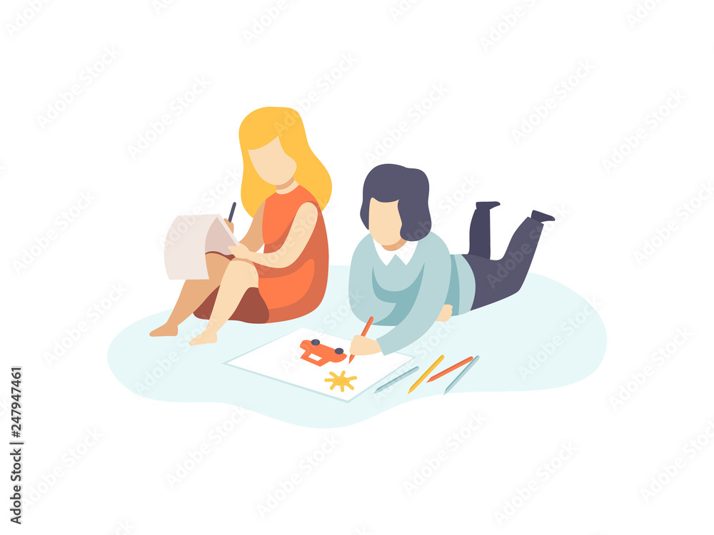 Fototapeta premium Cute Boy and Girl Drawing with Pencils, Kids Creativity, Education, Development Vector Illustration