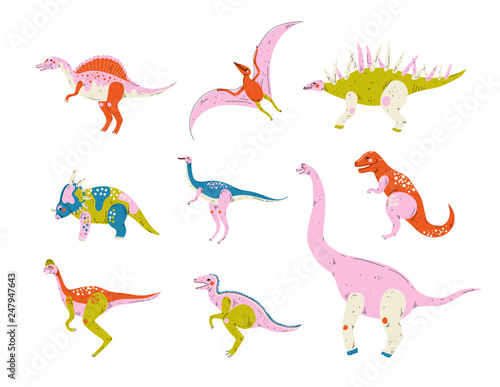 Collection of Colorful Dinosaurs, Pterodactyl, Carnotaurus, Styracosaurus, Diplodocus, Compsognathus, Brachiosaurus, Brontosaurus, Tyrannosaurus, Velociraptor Cute Prehistoric Animals Vector