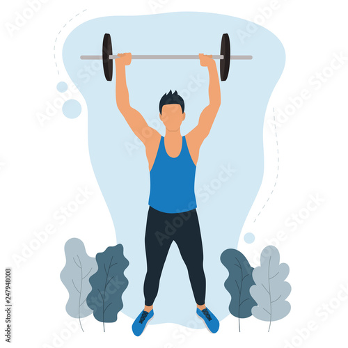 Male standing training with barbell. Hand strength exercises. Fitness training. Modern flat vector illustration.