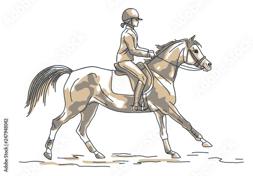 Sketch of a young rider cantering on a sport pony. 