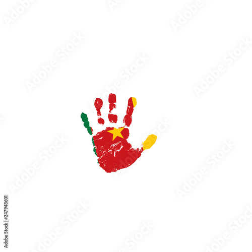 Cameroon flag and hand on white background. Vector illustration
