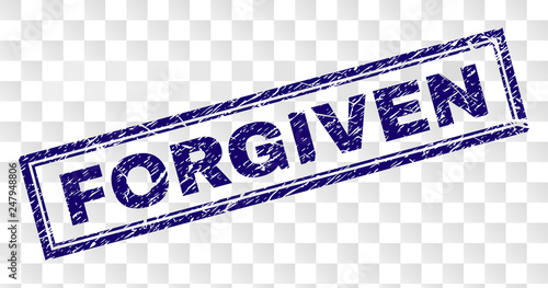 FORGIVEN stamp seal print with rubber print style and double framed rectangle shape. Stamp is placed on a transparent background. Blue vector rubber print of FORGIVEN title with unclean texture.