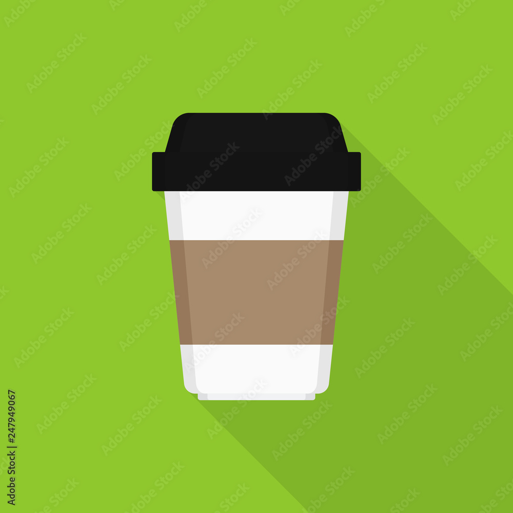 Disposable coffee cup icon with long shadow on green background, flat design style Disposable coffee cup icon with long shadow on green background, flat design style