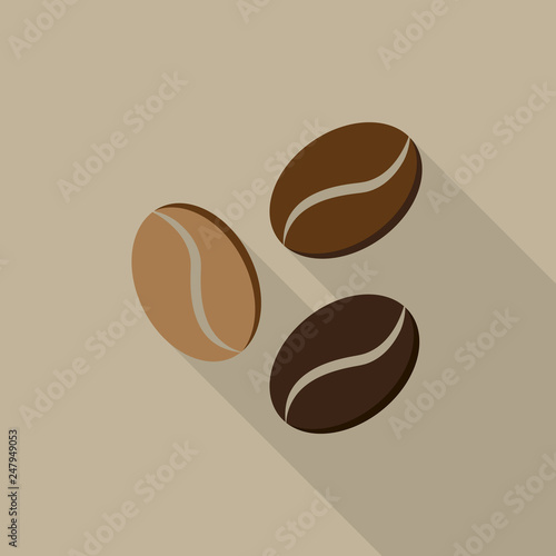 Coffee beans icon with long shadow on brown background, flat design style