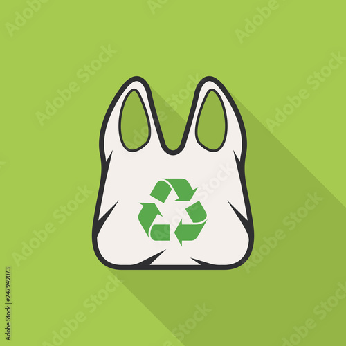 Fabric bag icon with long shadow on green background, flat design style