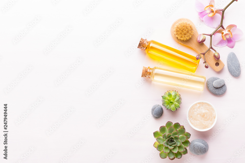Spa background with handmade bio cosmetic and cactus composition, flat lay, space for a text - Image. Spa background with handmade bio cosmetic and cactus composition, flat lay, space for a text - Image.