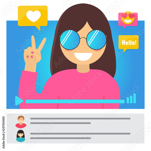 Girl video blogger concept. Popular Young Video Streamer Blogger Girl, Woman. Peace victory symbol hand Fashion Blog. Online Channel. Vector illustration.