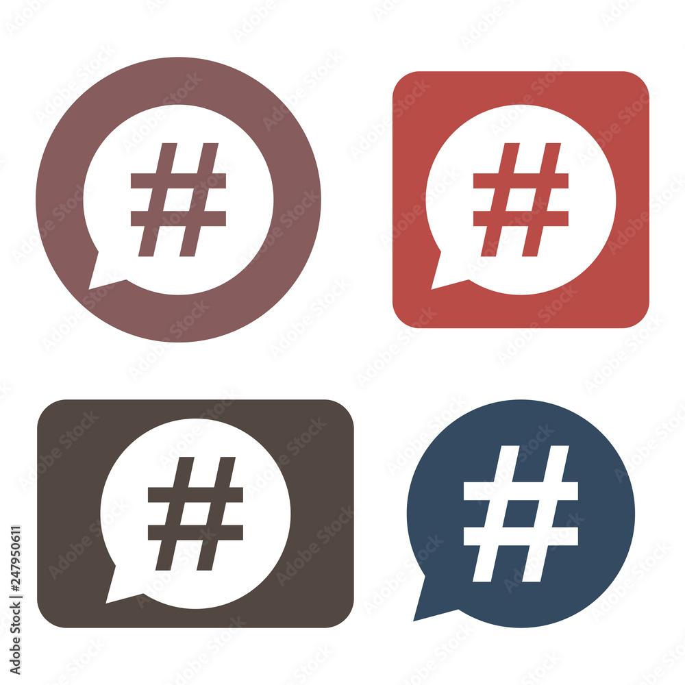 Obraz premium Hashtag icon set in speech bubble. Vector illustration, flat design.