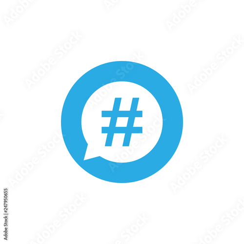 Hashtag icon in speech bubble. Vector illustration, flat design.