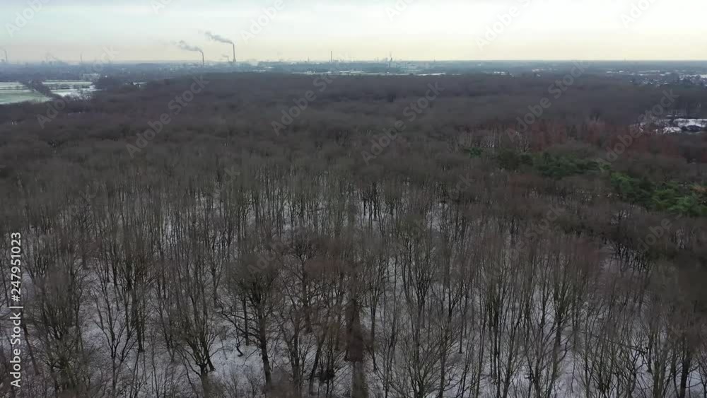 Aerial view of the winter forest with the industrial background of the city of Duisburg with chimneys un the background - Germany Aerial view of the winter forest with the industrial background of the city of Duisburg with chimneys un the background - Germany