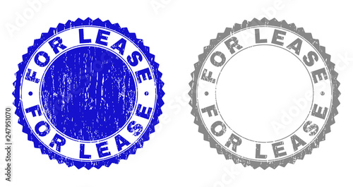 Grunge FOR LEASE stamp seals isolated on a white background. Rosette seals with grunge texture in blue and gray colors. Vector rubber stamp imitation of FOR LEASE text inside round rosette.