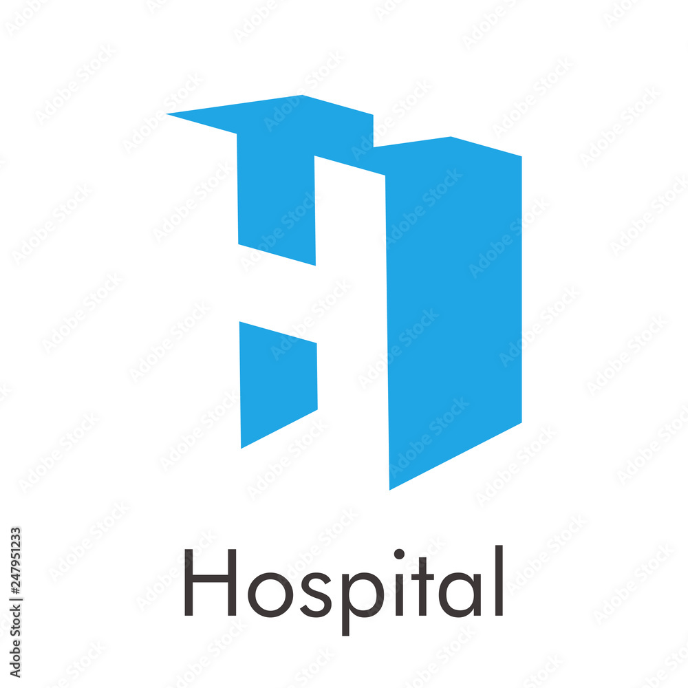 Logotipo abstracto con texto Hospital con letra H 3D en espacio negativo en color azul Logotipo abstracto con texto Hospital con letra H 3D en espacio negativo en color azul